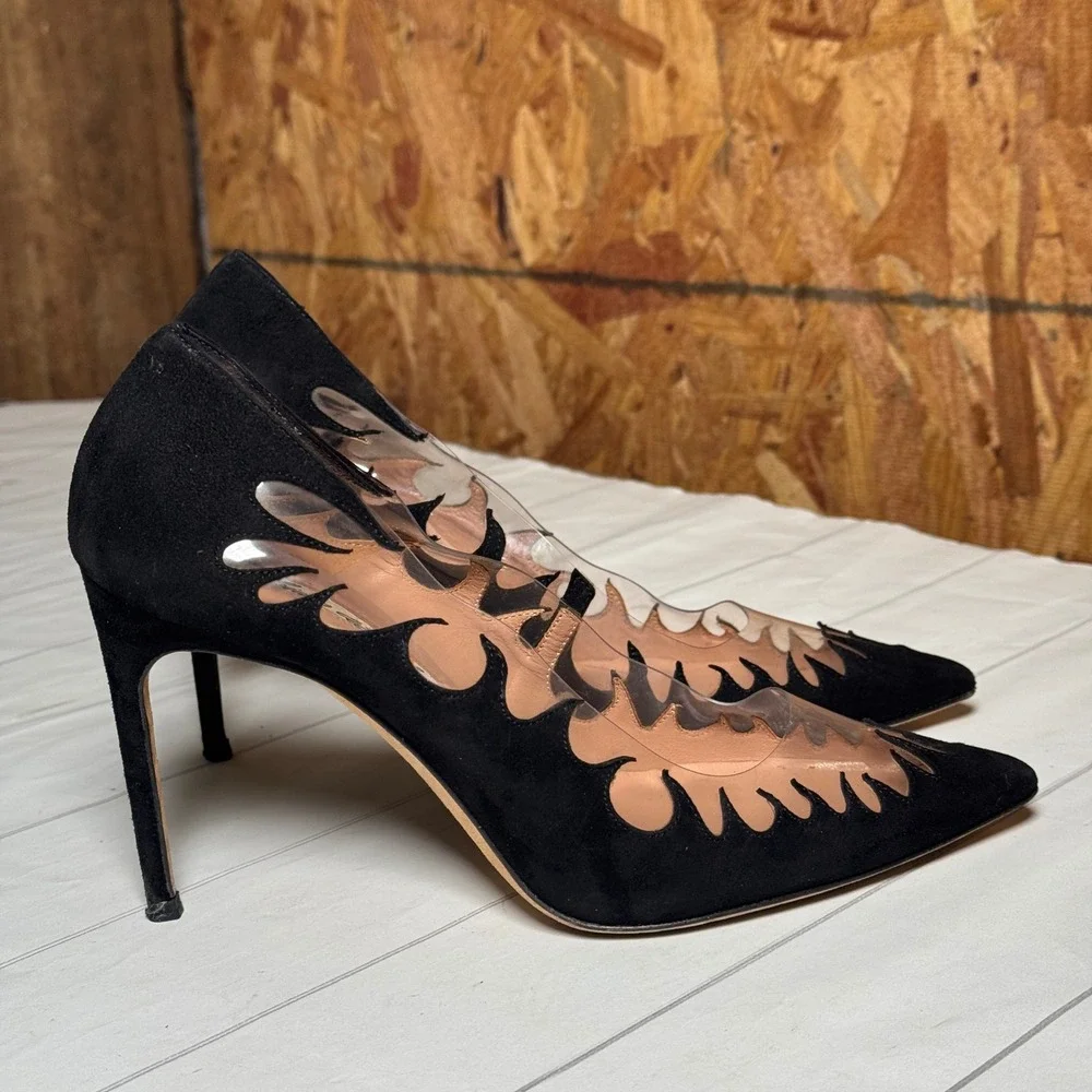 Brian Atwood Designer Flame Cutout Heels Black Suede Leather Luxury Edgy‎ Diva 7